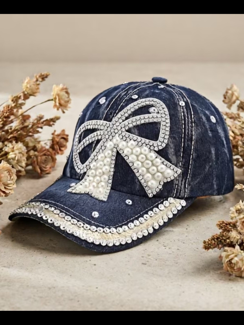 Pearl Bow Embellished Denim Baseball Cap - Dark Blue